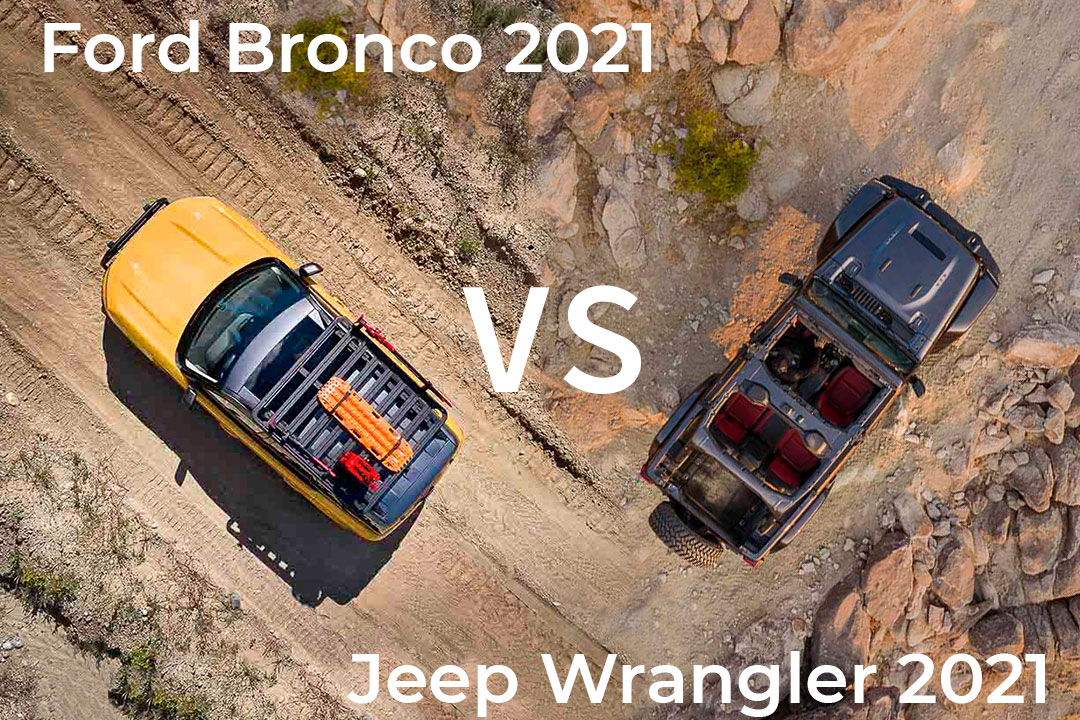comparatif entre le Ford Bronco 2021(gauche) et le Jeep Wrangler 2021 (droite)